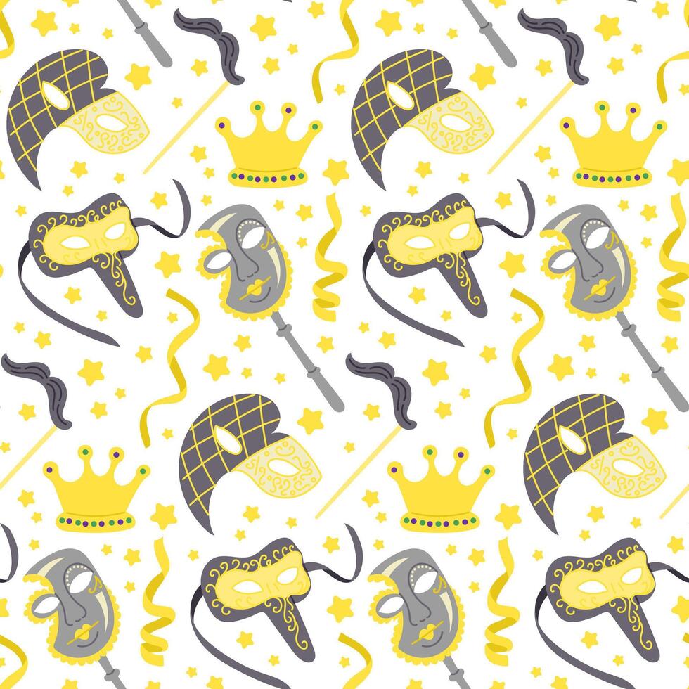 Seamless carnival pattern with yellow and gray decorative masks, crowns, ribbons, and stars on a white background, creating a festive and elegant design for celebrations and events vector