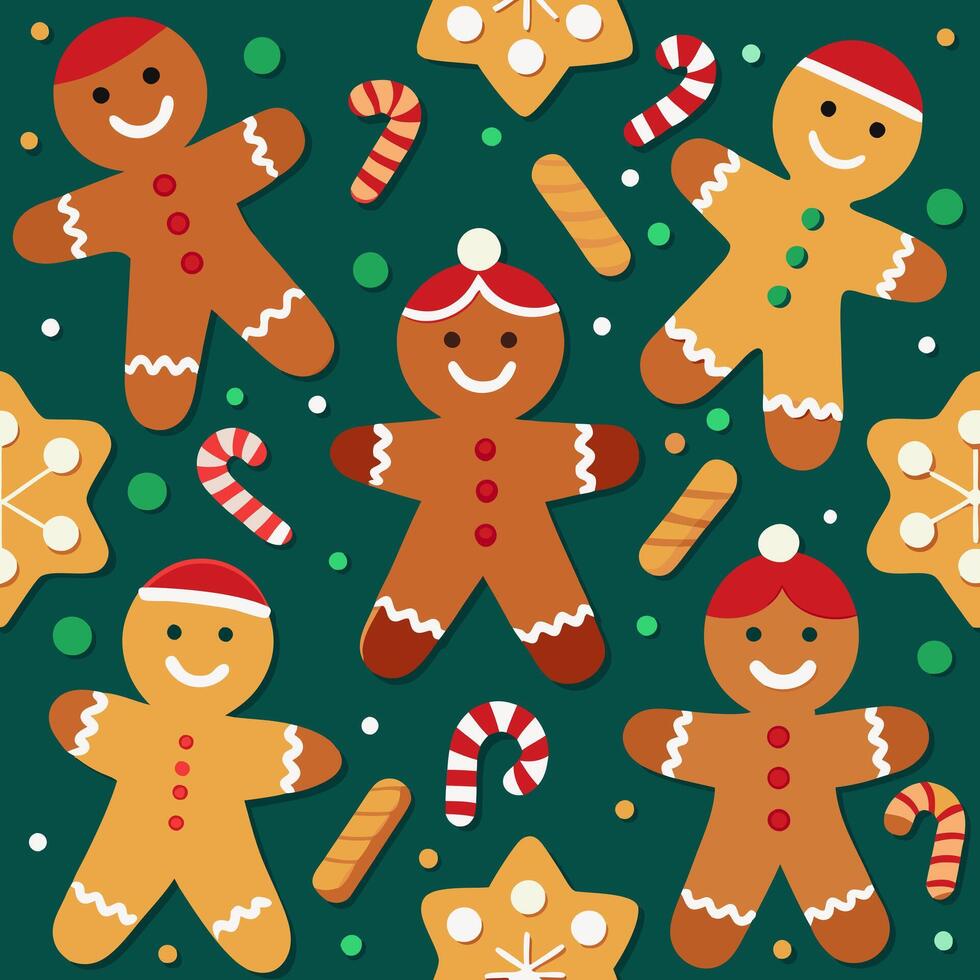 Seamless pattern with Christmas gingerbread men of different colors on a green background. Christmas cookies with frosting. Design for Christmas packaging, textiles, wallpapers ..Seamless pattern vector