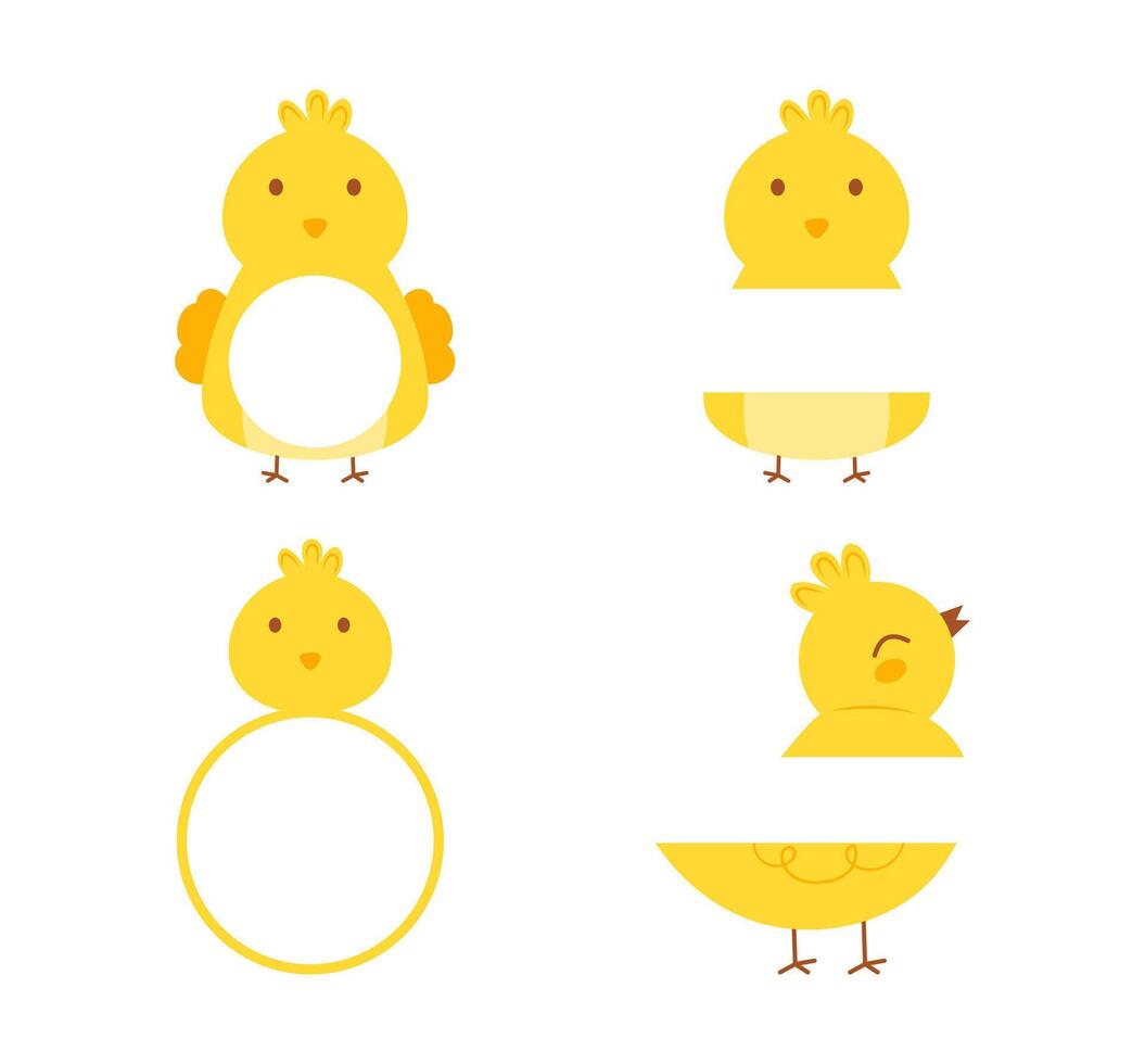 Set of cute Easter chicks monogram frame isolated on white background. Funny baby chicken clipart. Easter monogram frame. Hand drawn flat cartoon character vector