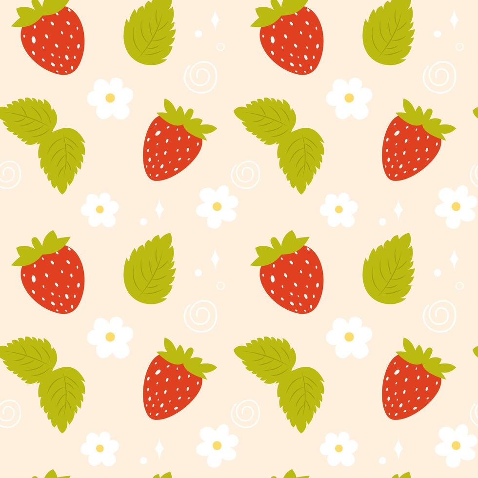 Cute strawberry seamless pattern. Hand drawn seamless pattern with strawberries, flowers and leaves. Perfect for textile, wrapping paper, background, wallpaper and so on vector