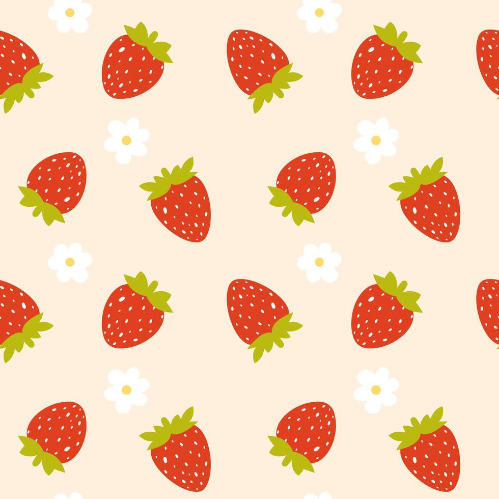 Strawberry seamless pattern with cute hand drawn strawberries and flowers. Summer fruit seamless pattern perfect for textile, background, wallpaper, wrapping paper and so on vector