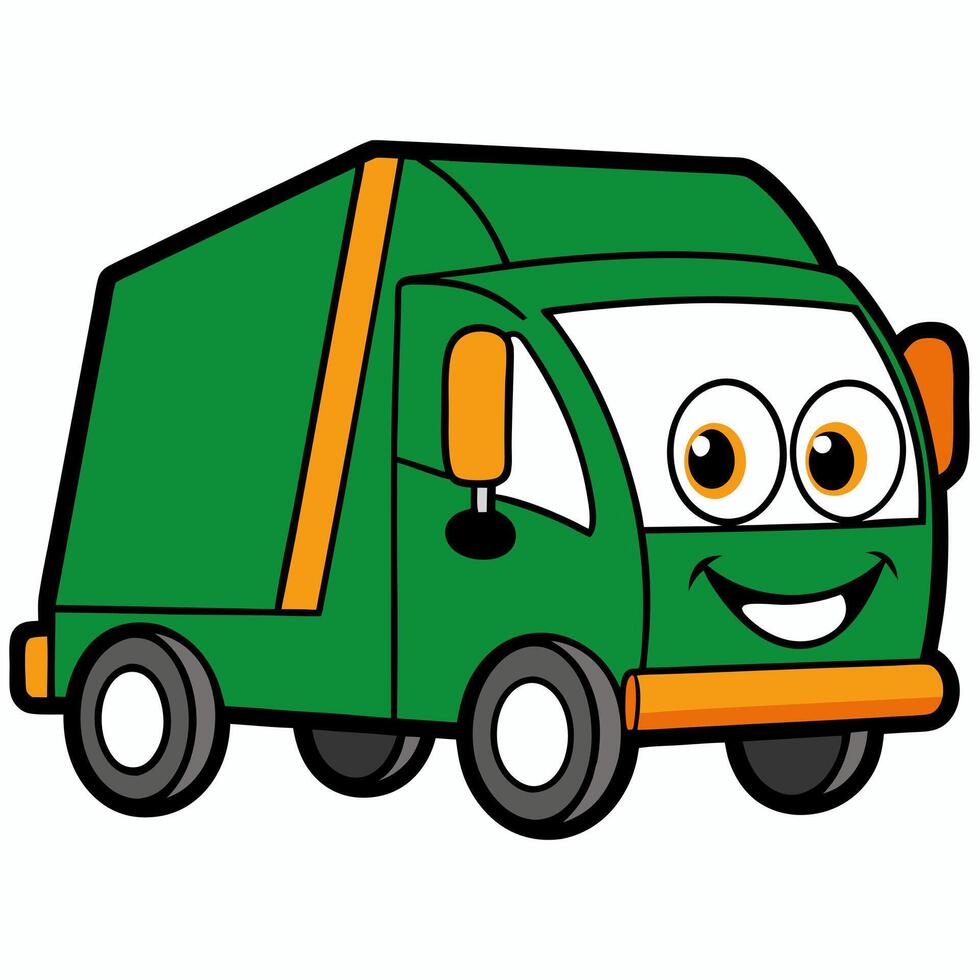Flat isolated illustration of green garbage truck machine, icon transport, art for children.Suitable for educational poster, logo, children's books about city life. On white background. vector