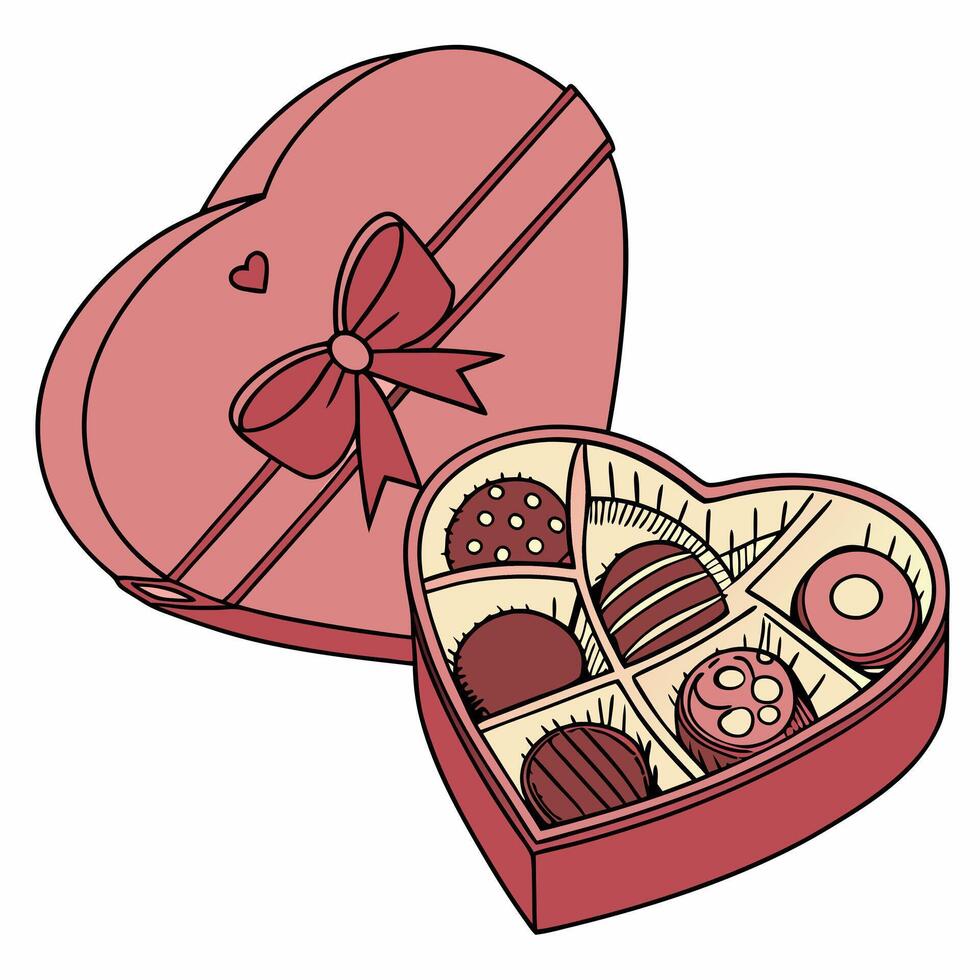 Chocolate box for Valentine's Day and Birthday in the shape of a heart with chocolates inside. Illustrations for holidays and romantic design.Suitable for logos, valentines,greeting card, invitation. vector