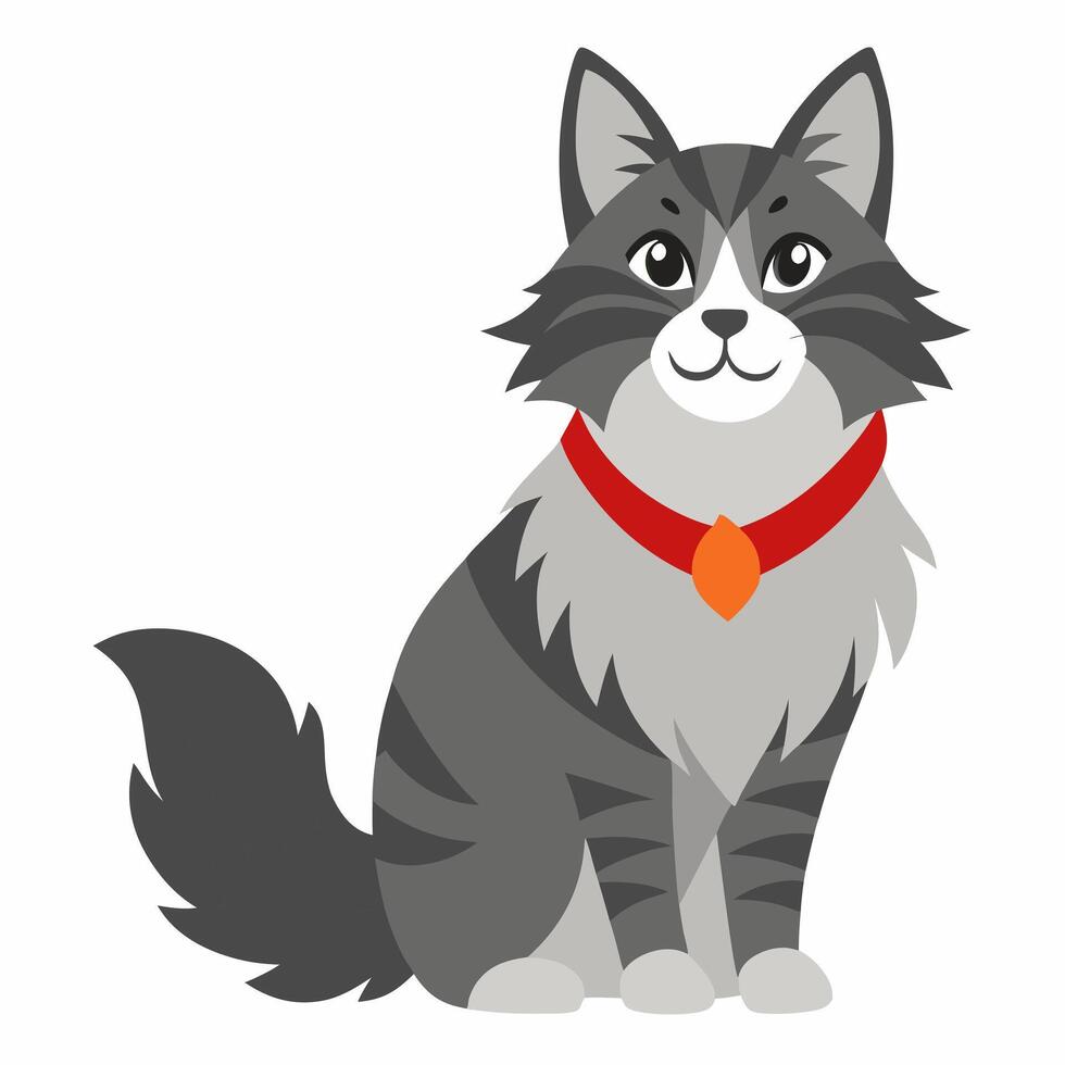 Cute cartoon grey cat with a red collar. Isolated on white background. Suitable for educational poster, logo, children's books and encyclopedias. vector