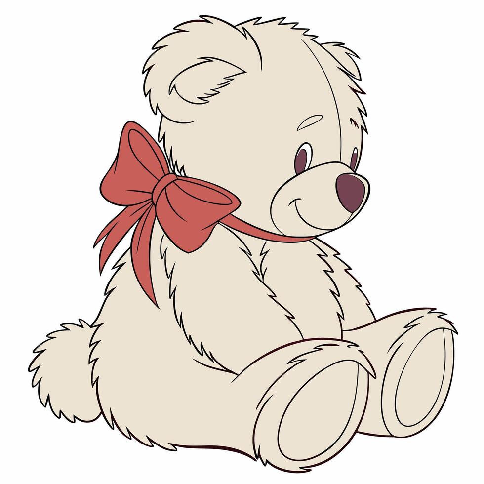 Teddy bear with a red bow . Plush toy picture. Romantic gift. Birthday present. Valentines day decoration. Suitable for poster, logo, children's books. vector