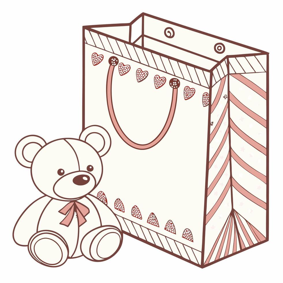 Gift paper bag and teddy bear toy nearby. Valentine Day, Birthday, Birthday Card, women's day , Product Display Presentation Advertisement. vector