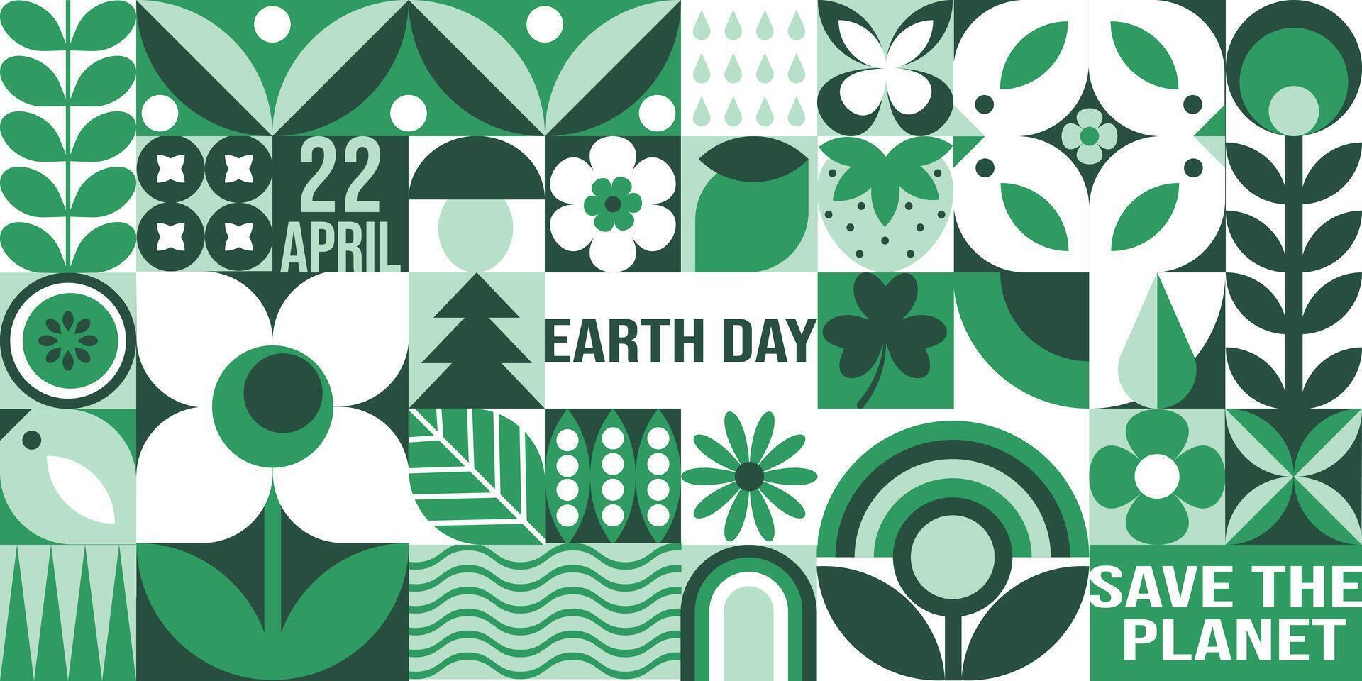 Happy Earth Day geometric seamless pattern in green palette. April 22. Holiday concept. Mosaic background, banner, poster with plants, flowers, birds and simple forms. Neo geo art. Swiss style vector