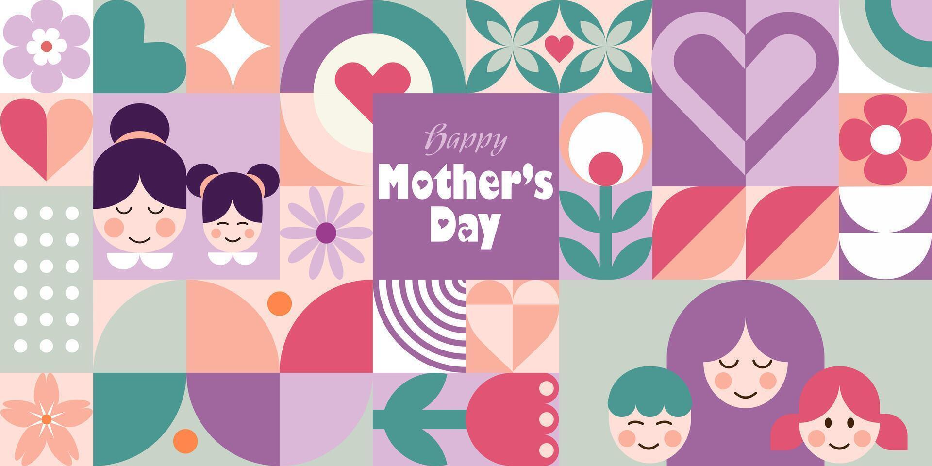 Mothers day abstract geometric seamless pattern. Mosaic background with mom and kids, flowers, hearts, simple forms. Modern template for banner, social media. Swiss style. Neo geo art. vector
