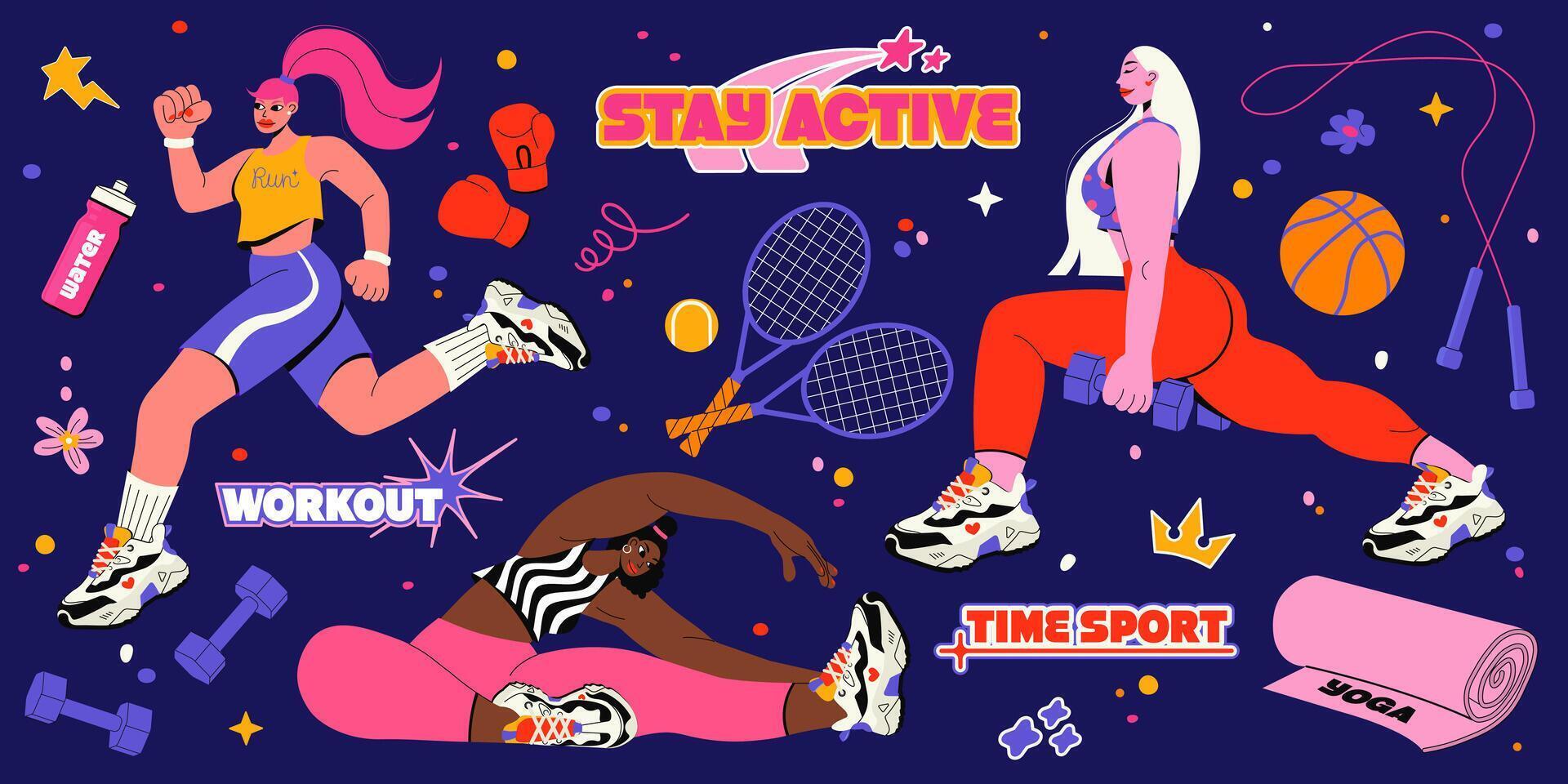 Retro cartoon abstract characters and elements of fitness training concept. flat illustration in groovy style with active workout women in sportswear. 80s nostalgia. Healthy lifestyle. vector