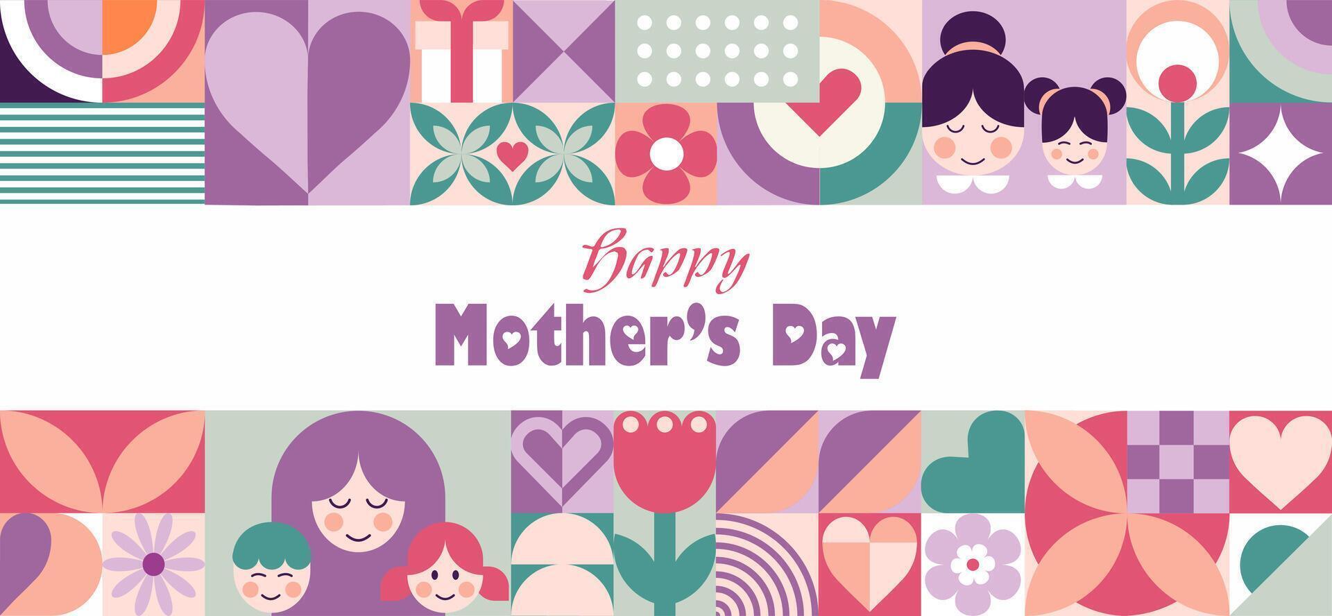 Mother's day abstract geometric mosaic background with mom and kids, flowers, hearts, simple forms and text. Modern horizontal llustration for banner, social media. Swiss style. Neo geo art. vector