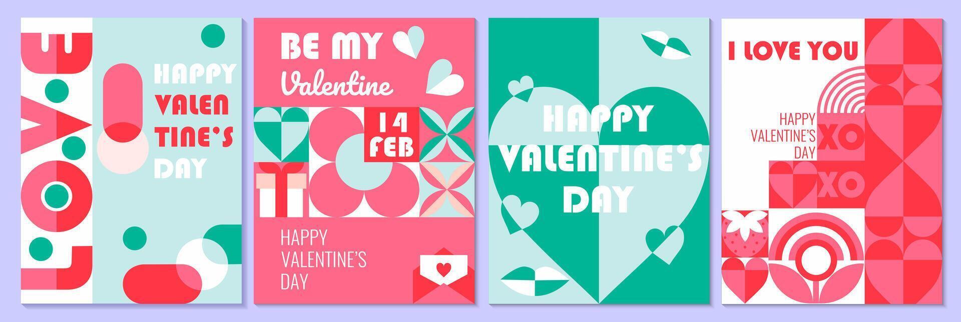 Set of Valentine's day geometric abstract posters, greeting card, banners, sale promotion templates. mosaic backgrounds with hearts, flowers and simple forms for prints, wrapping, social media. vector