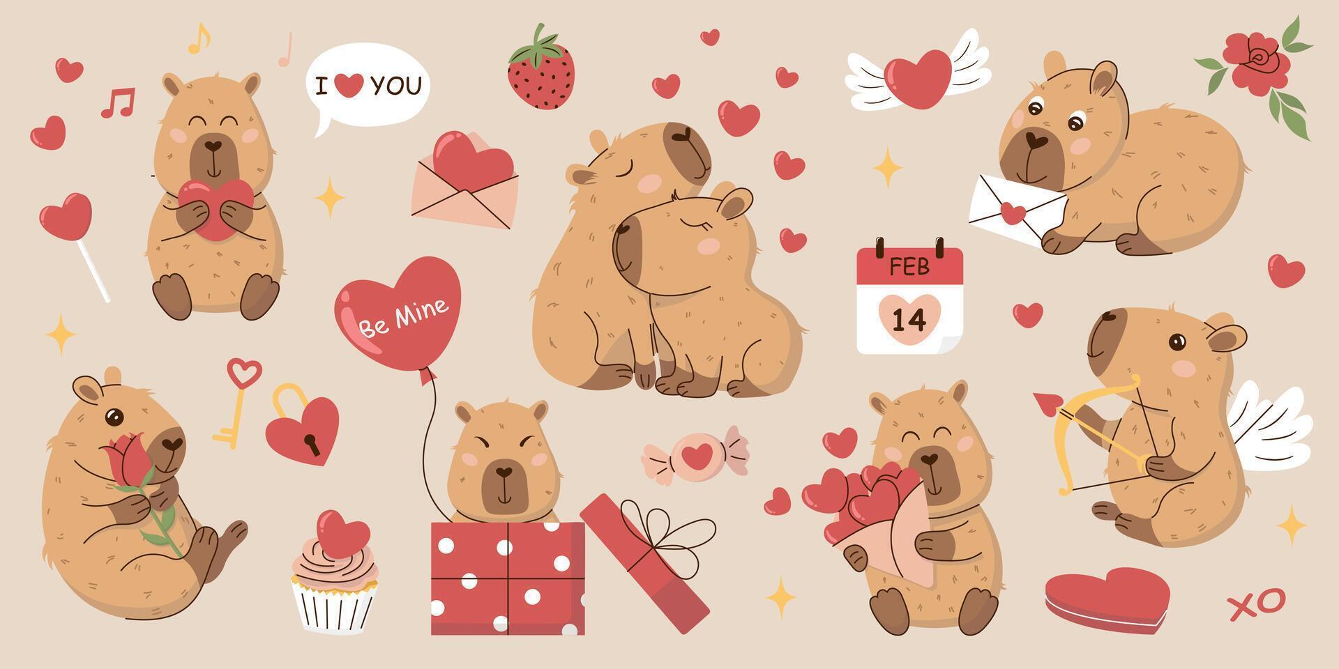 A charming Valentines Day sticker set featuring adorable capybaras, hearts, gifts, and romantic icons. Perfect for cards, scrapbooking, digital designs, and social media. Cute and whimsical style. vector