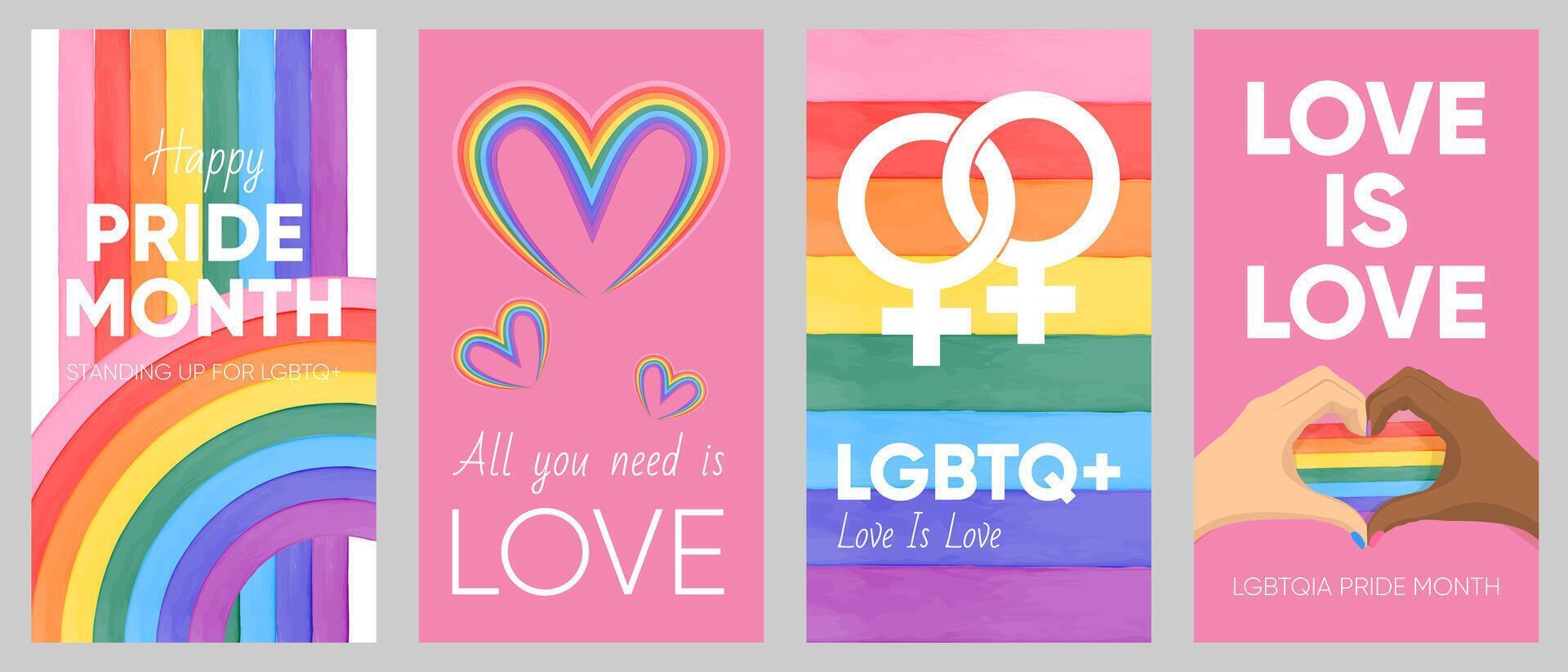 Set of watercolor abstract LGBTQ posters or banners with rainbow flag, hearts and typography. LGBTQ pride month 2024 concept. Social media post templates. Colorful illustrations LGBT community vector
