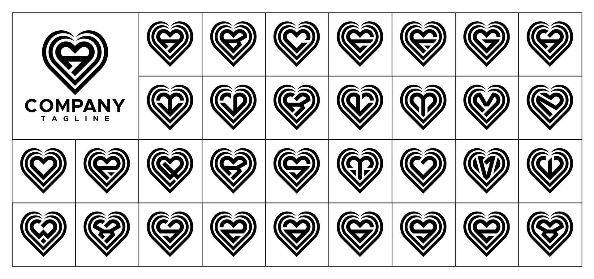 Line love heart initial letter A-Z logo set vector