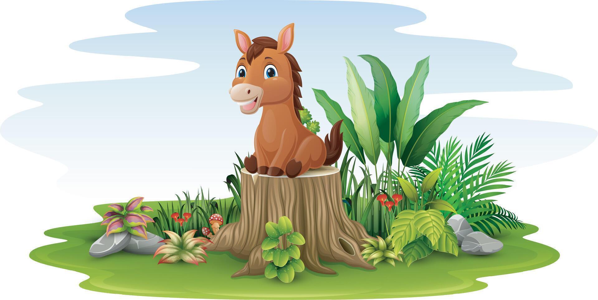 Cartoon little horse sitting on tree stump vector