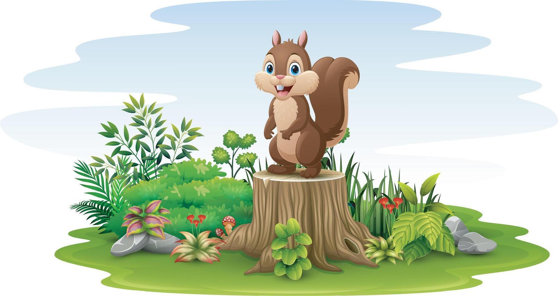 Cartoon happy squirrel standing on tree stump vector