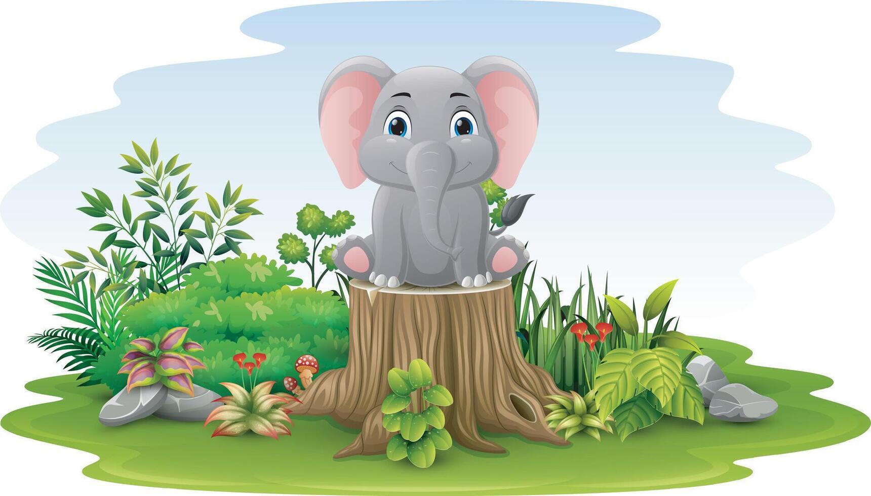 Cartoon little elephant sitting on tree stump vector