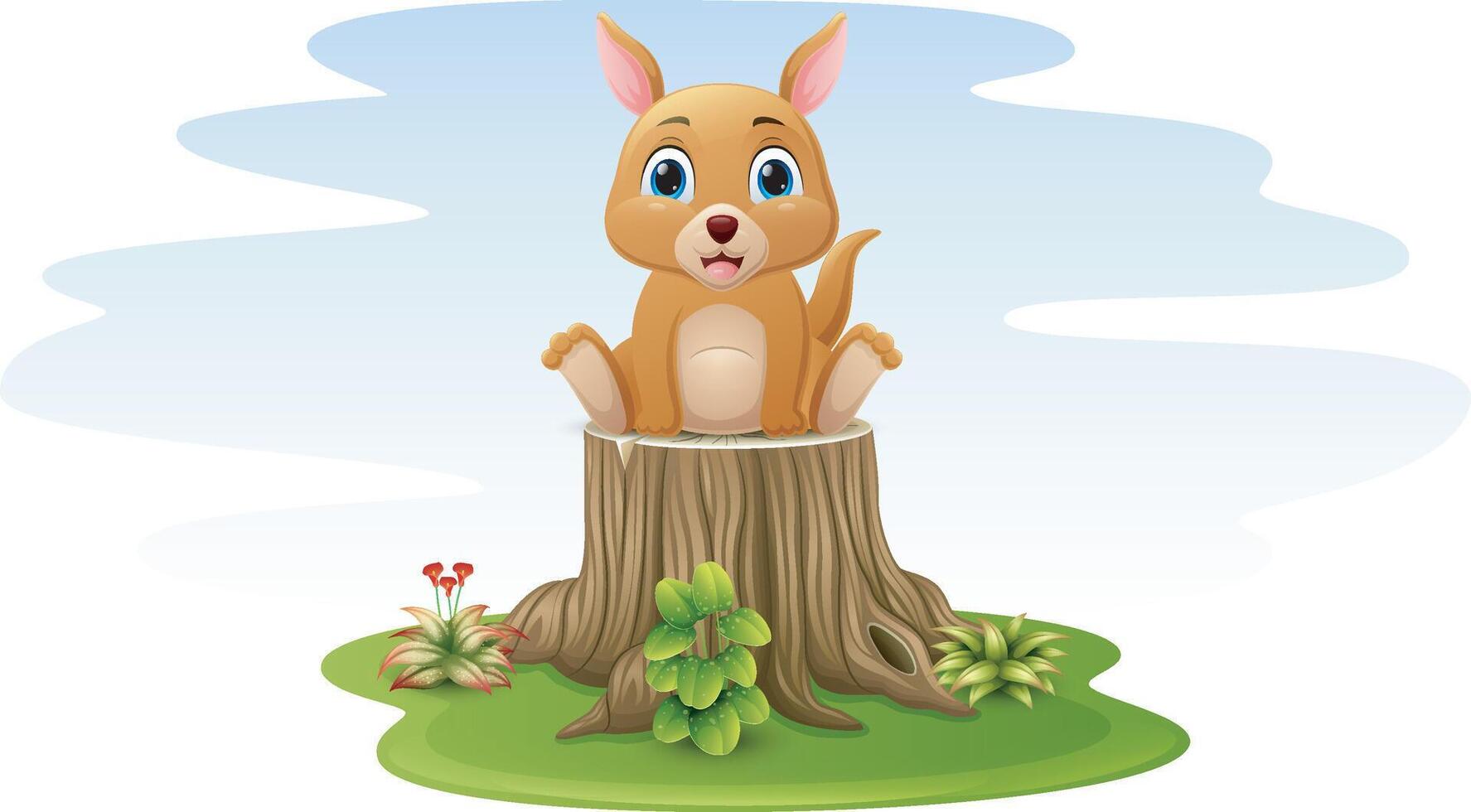 Cartoon little kangaroo sitting on tree stump vector