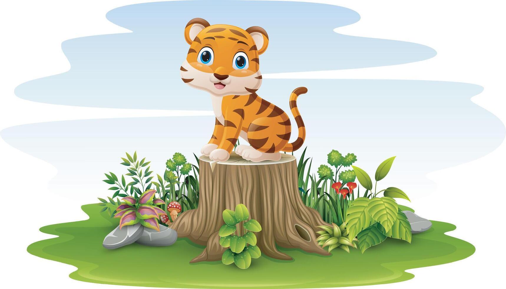 Cartoon little tiger sitting on tree stump vector