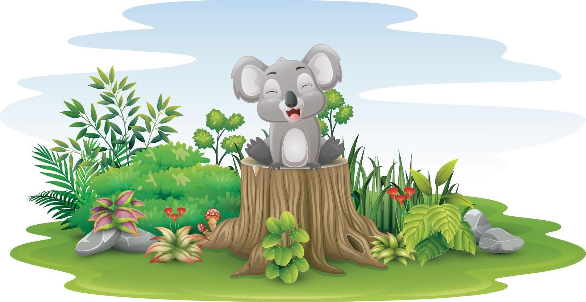 Cartoon little koala sitting on tree stump vector