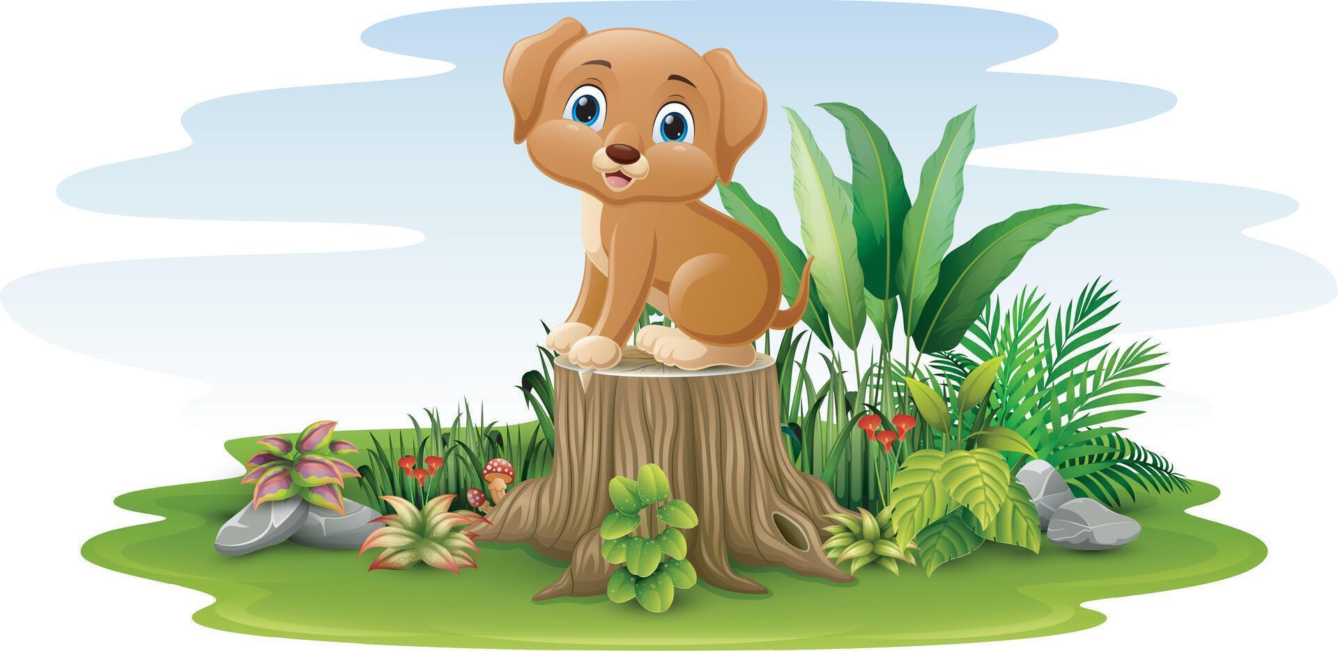 Cartoon little dog sitting on tree stump vector