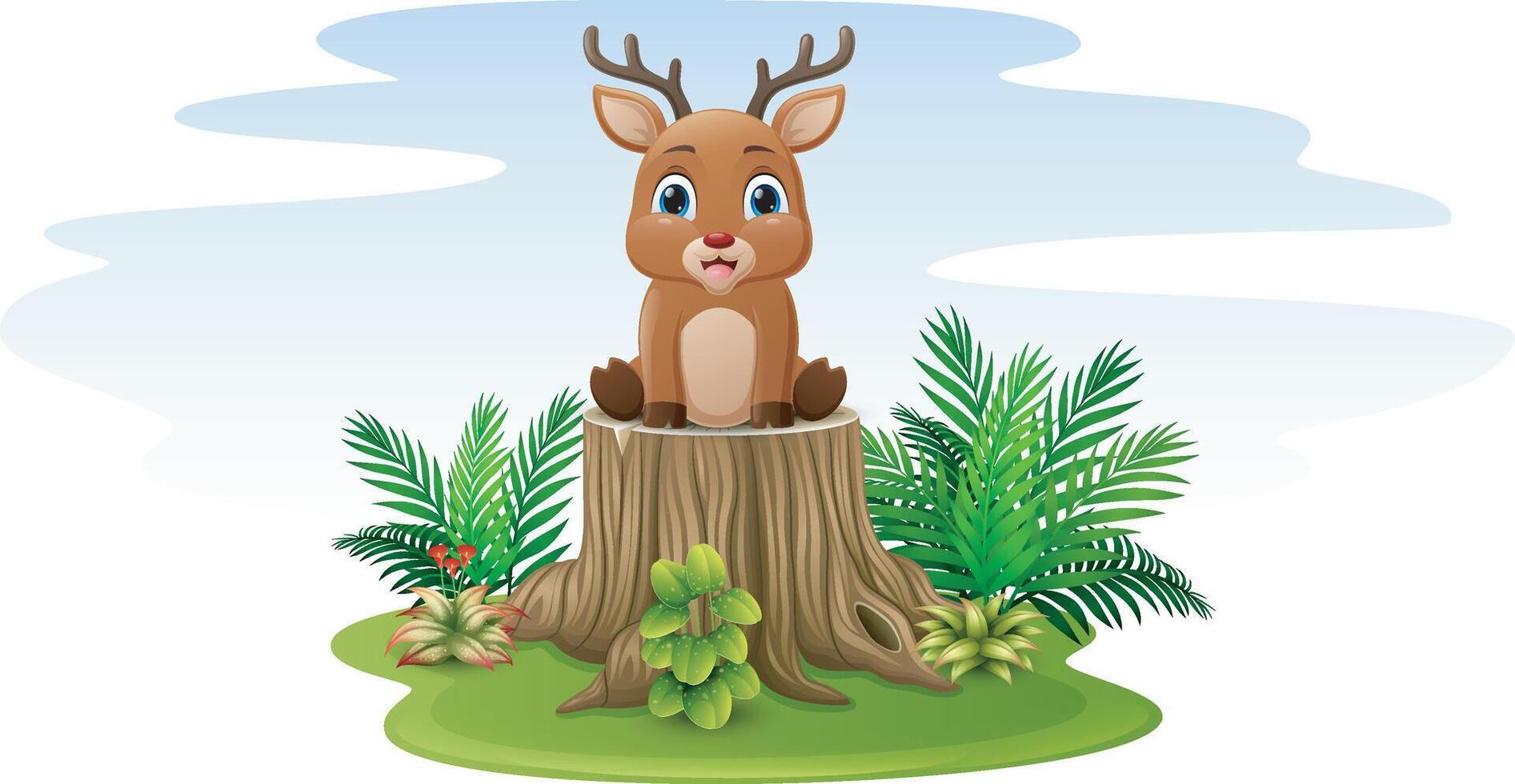 Cartoon deer sitting on tree stump vector