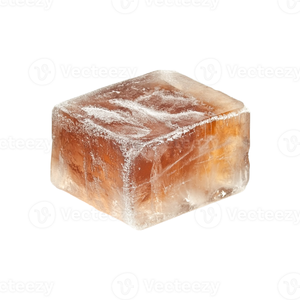 Amber colored ice cube close up view showing texture png