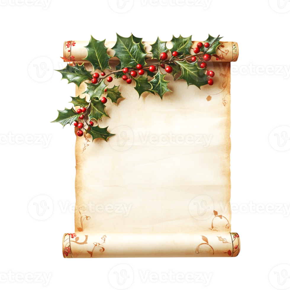 Festive Holly Decorates Vintage Scroll Christmas Greeting png