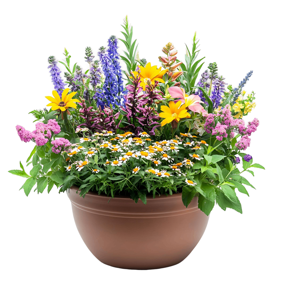 Beautiful Mixed Flowers in a Rustic Brown Pot png