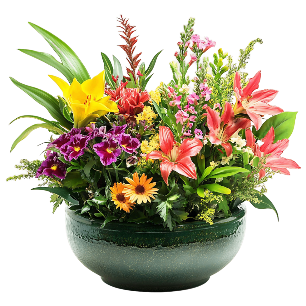 Colorful Floral Display in a Green Planter png
