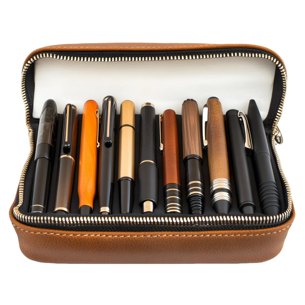 Pen Case with Zipper, Filled with Various Pens png