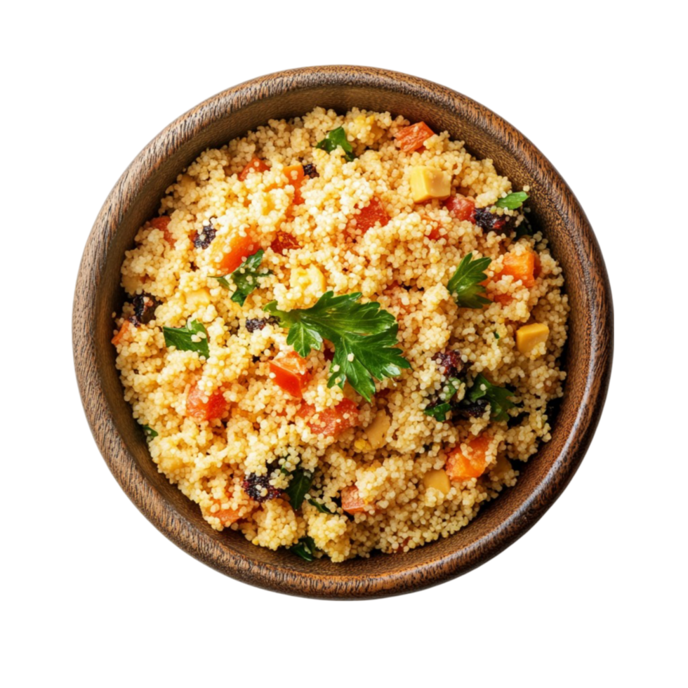 Colorful Couscous Salad with Herbs and Spices on Wooden Dish on Transparent Background png