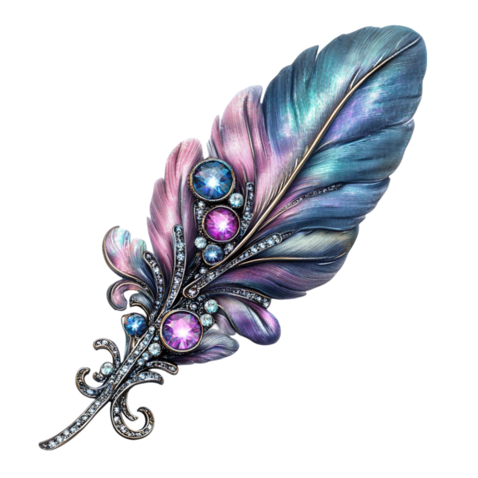Elegant Feather Brooch with Diamond Center on Transparent Background png