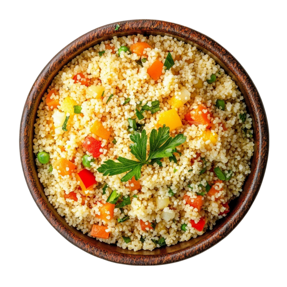 Mediterranean Couscous Salad with Herbs on Wooden Dish on Transparent Background png