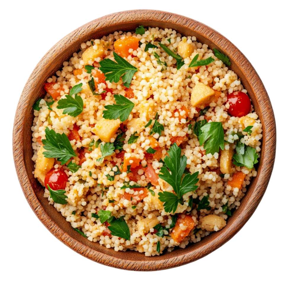 Couscous Salad with Vegetables and Herbs on Wooden Plate on Transparent Background png