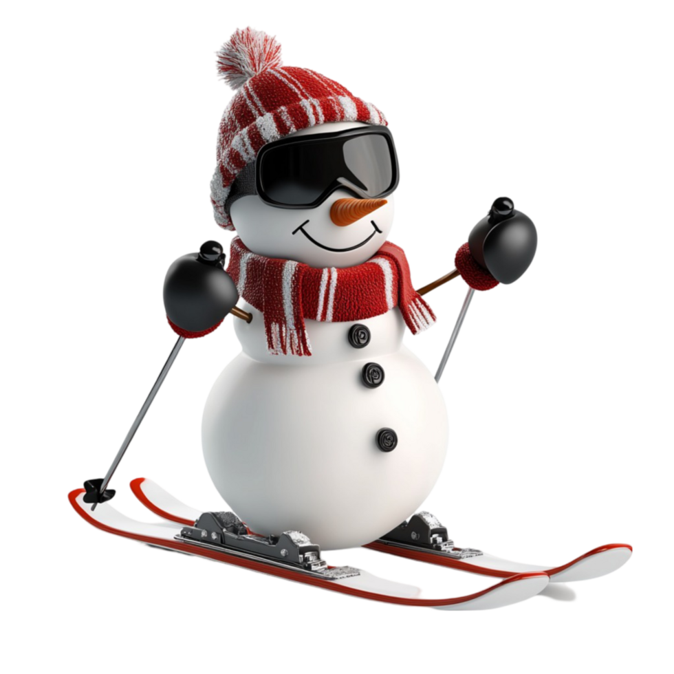 Cute Snowman Skiing with Red Scarf and Hat on Transparent Background png