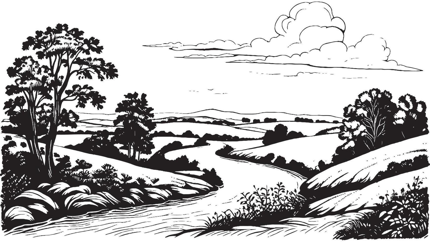 River side black and white hand-drawn. vector