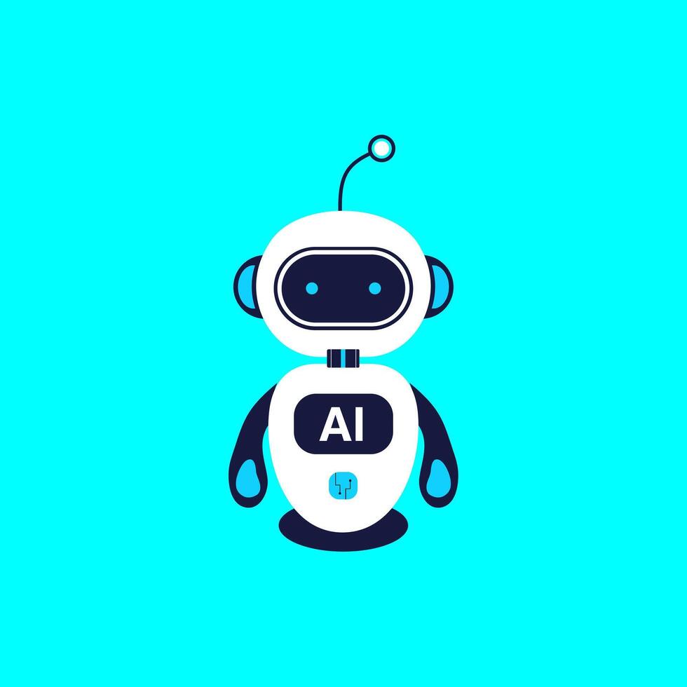 A playful cute AI robot mascot with a minimalist design, featuring a white and blue color scheme. Perfect for projects related to artificial intelligence, robotics, and future technology themes. vector