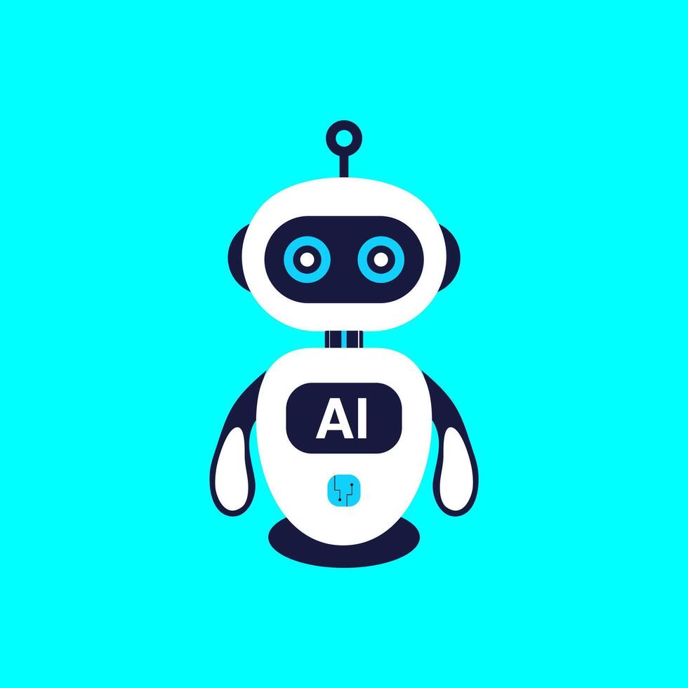 A playful AI robot mascot with a minimalist design, featuring a white and blue color scheme. Perfect for projects related to artificial intelligence, robotics, and future technology themes. vector