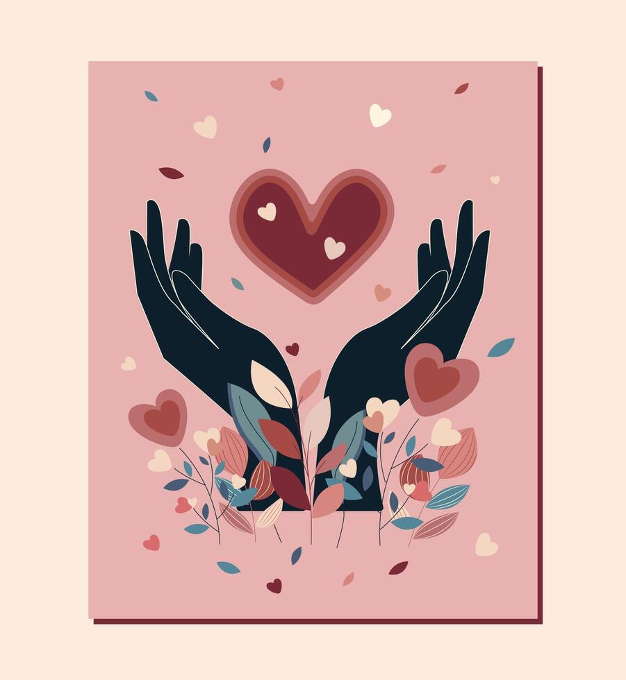 Flat Beautiful Illustration with Two Black Hands Holding a Pink Heart Surrounded by Flowers on a Pink Background. Abstract Art vector
