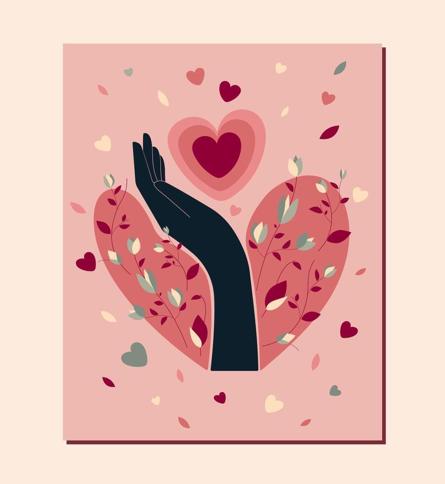 Flat Beautiful Illustration with one Black Hand Holds a Pink Heart Surrounded by Flowers on a Pink Background. Spring AbstractArt vector