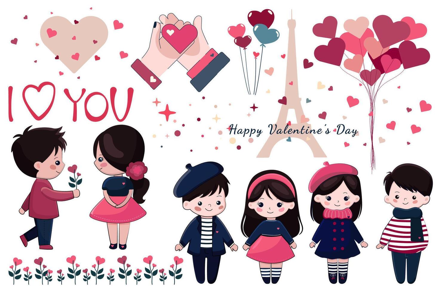 retro cute set of romantic decor elements in flat style. simple group with valentine day details vector
