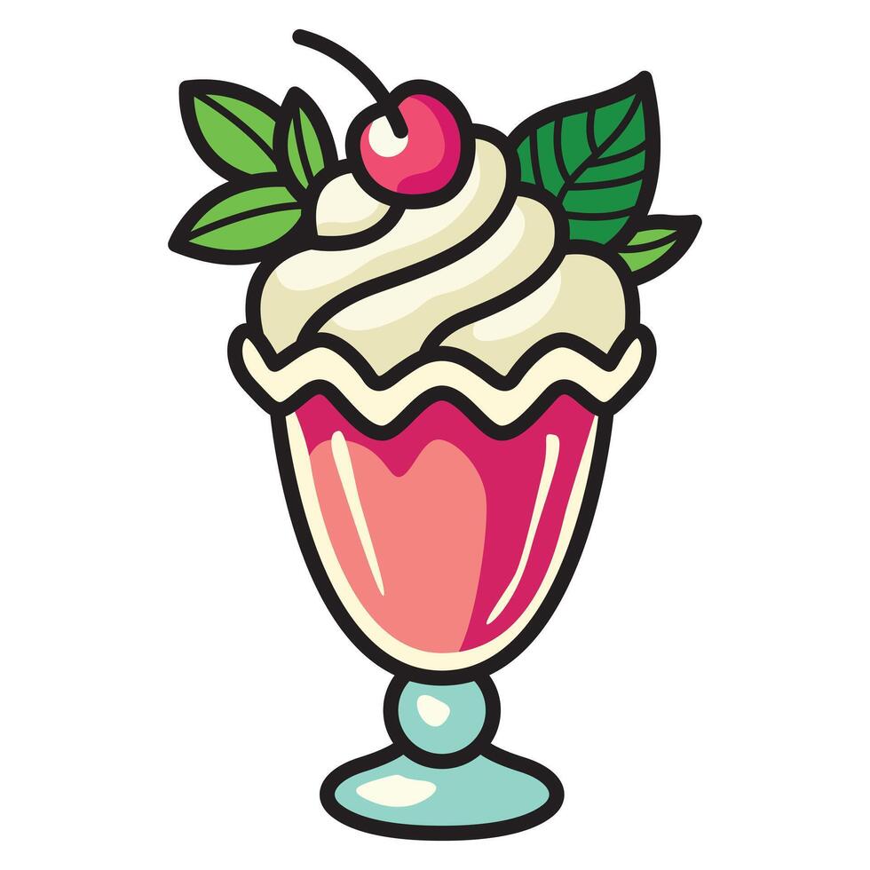 A vibrant illustration of a sweet dessert, featuring a creamy, decadent treat topped with a bright red cherry and fresh mint leaves. vector