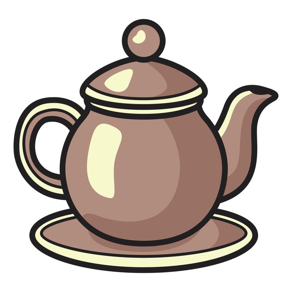A detailed illustration of a tea kettle, featuring a curved spout, a sturdy handle, and a polished metal body. vector