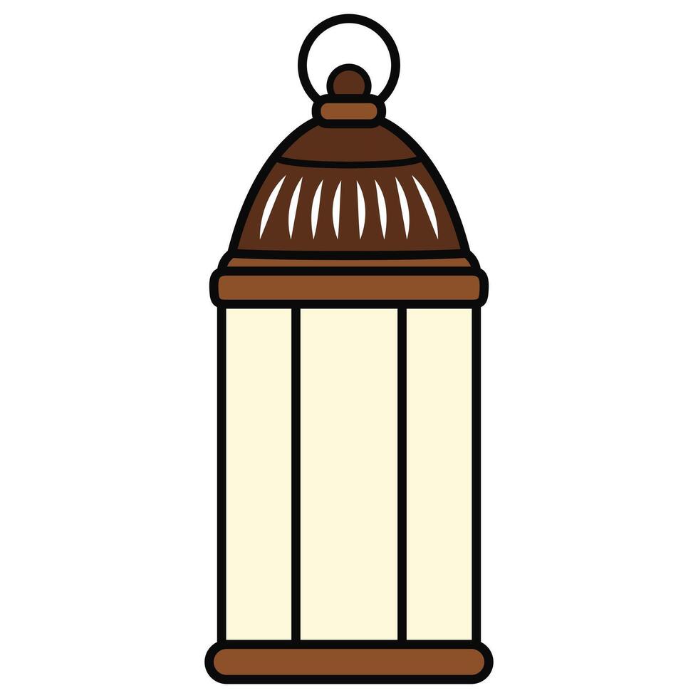 A detailed illustration of an antique lantern, featuring a classic vintage design with a glass chamber, metal frame, and a sturdy handle. vector