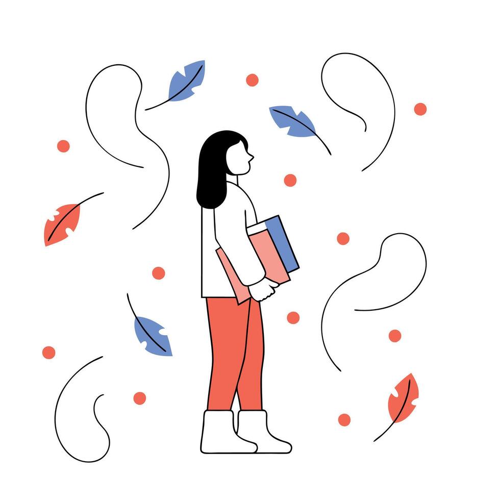 Illustration of a poetess standing in profile, holding books, with a background featuring feathers and ink. vector