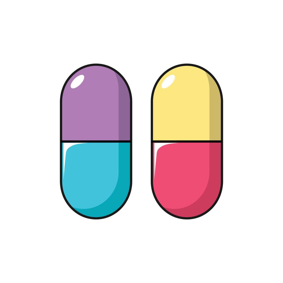 Medicine and pharmacy icons, capsule, pill, and tablet design, outline, line, and filled pictograms, and a healthcare symbol vector