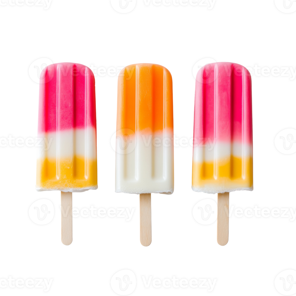 Three layered ice pops on sticks against black background png