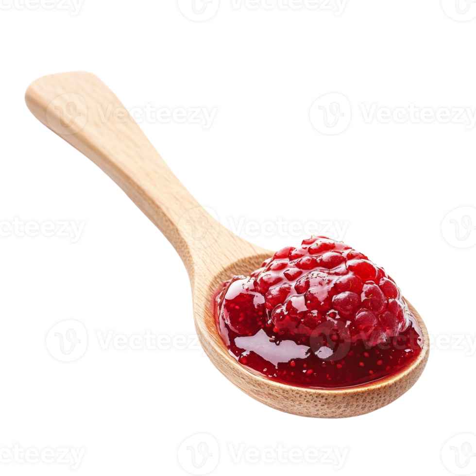 Raspberry jam in a wooden spoon showing texture and color png