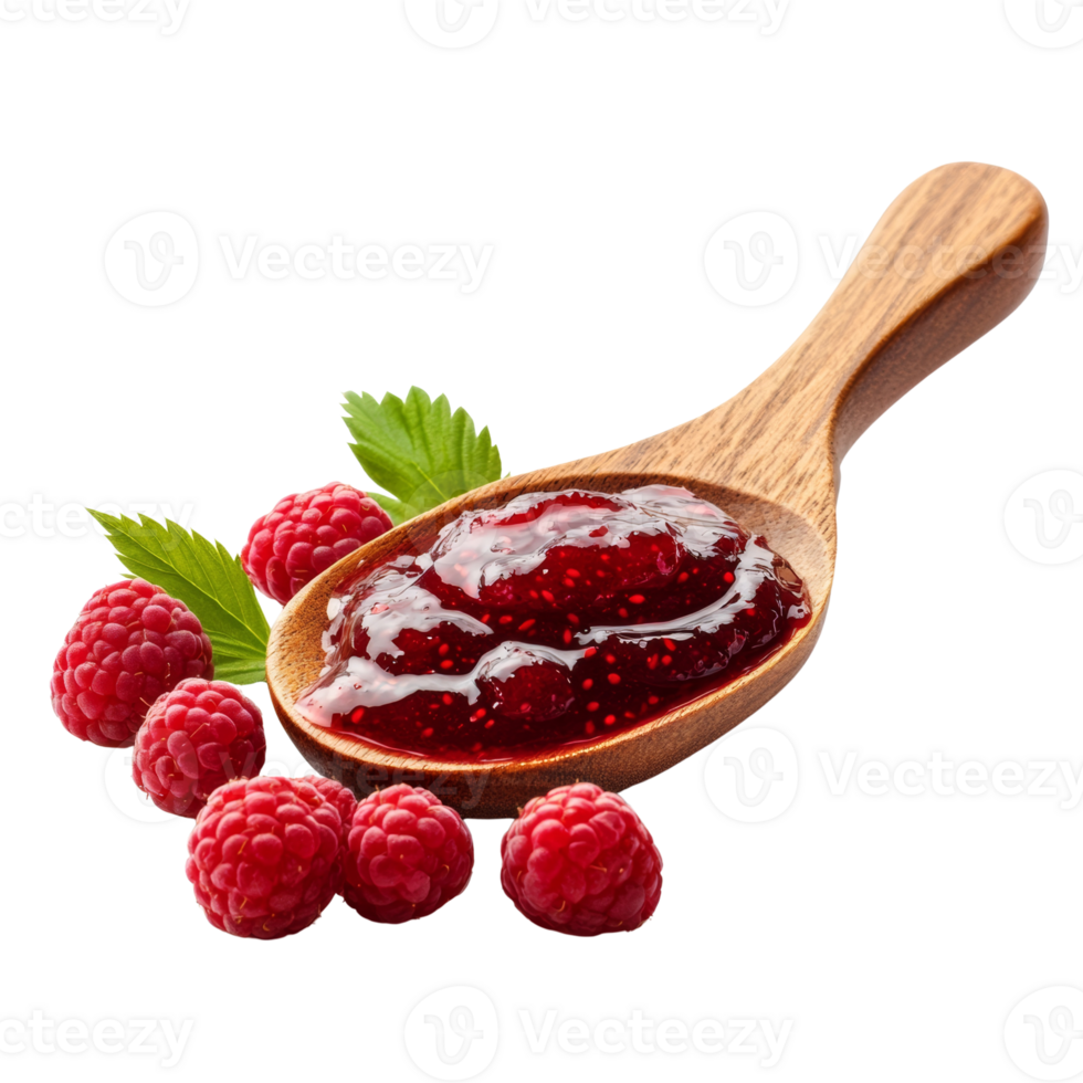 Raspberry Jam in Wooden Spoon with Fresh Raspberries png